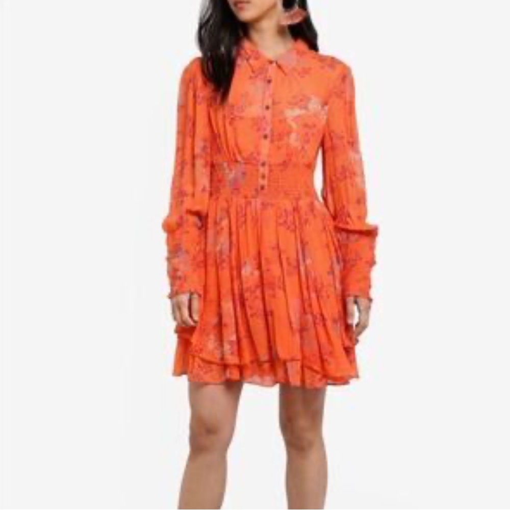 Free People Orange Tiered Wrap Dress with Bishop Sleeves